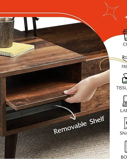 WLIVE Wood Lift Top Coffee Table with Hidden Compartment and Adjustable Storage Shelf, Lift Tabletop Dining Table for Home Living Room, Office, Rustic Oak - LeafyLoom