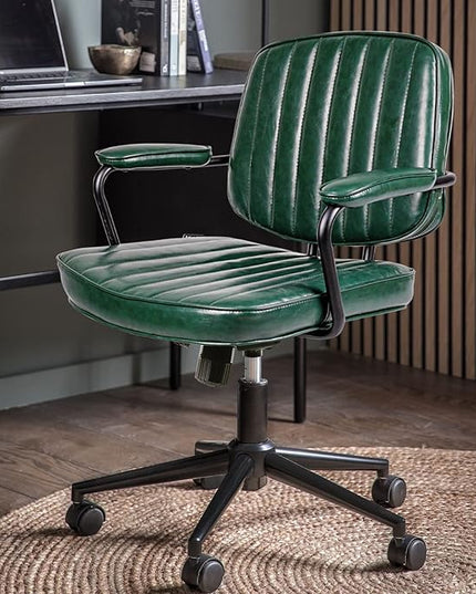Arts Wish Mid Century Office Chair, Green Leather Desk Chair with Wheels and Arms, Adjustable Seat Height and Backrest, Suitable for Home or Office Use - LeafyLoom
