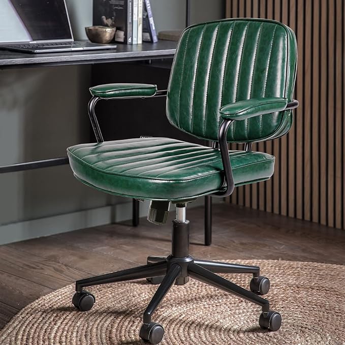 Arts Wish Mid Century Office Chair, Green Leather Desk Chair with Wheels and Arms, Adjustable Seat Height and Backrest, Suitable for Home or Office Use - LeafyLoom