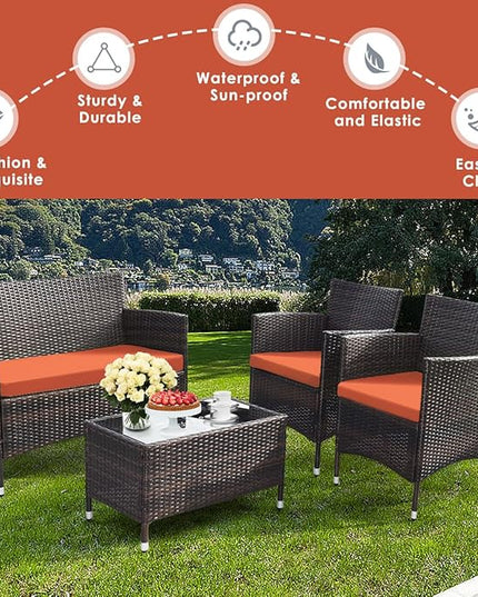 Goplus 4-Piece Rattan Patio Set, Outdoor/Indoor Wicker Conversation Set for Pool, Backyard, Lawn, Wicker Chairs and Sofa with Soft Cushion, Rattan Furniture with Tempered Glass Coffee Table - LeafyLoom