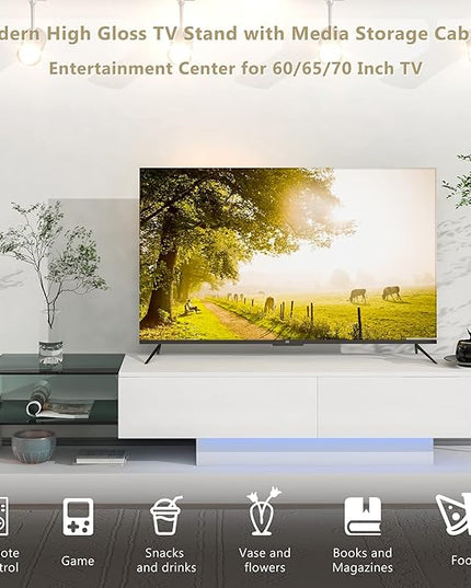 Merax TV Stand with Media Storage Cabinet, Modern High Gloss Entertainment Center for 75 Inch Television, 16 RGB LED Color Changing Lights, for Living Room, 74.8 inch Length, White - LeafyLoom
