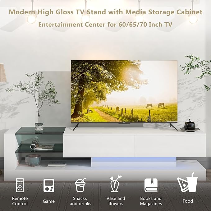 Merax TV Stand with Media Storage Cabinet, Modern High Gloss Entertainment Center for 75 Inch Television, 16 RGB LED Color Changing Lights, for Living Room, 74.8 inch Length, White - LeafyLoom