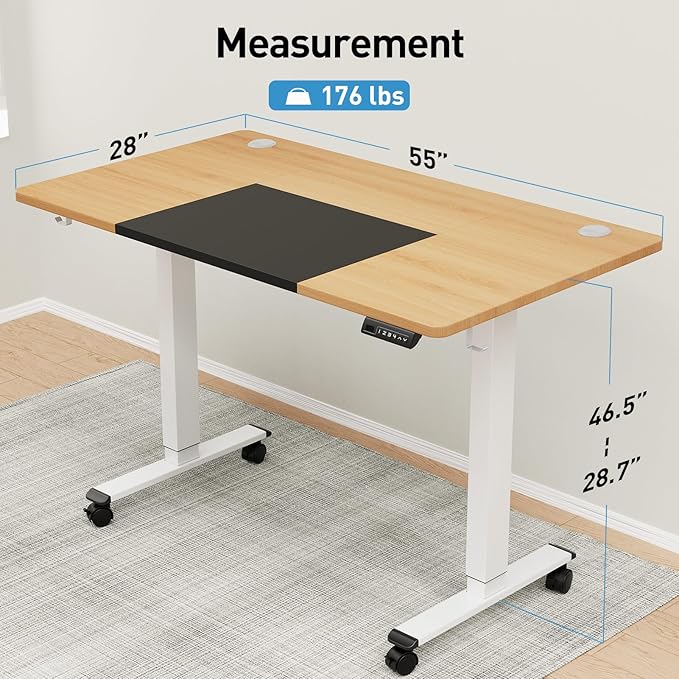 MOUNTUP 55x28 Inches Electric Height Adjustable Standing Desk, Sit Stand Desk with Memory Controller, Ergonomic Stand Up Desk for Home Office with Splice Board, Oak+Black - LeafyLoom