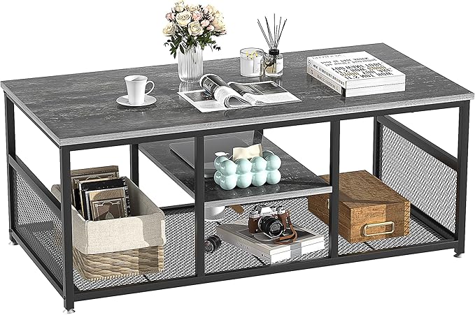 VECELO Coffee Center Table with Storage for Living Room Office Reception, Modern & Industrial Mesh Shelf, 39.4 Inch, Charcoal Gray - LeafyLoom