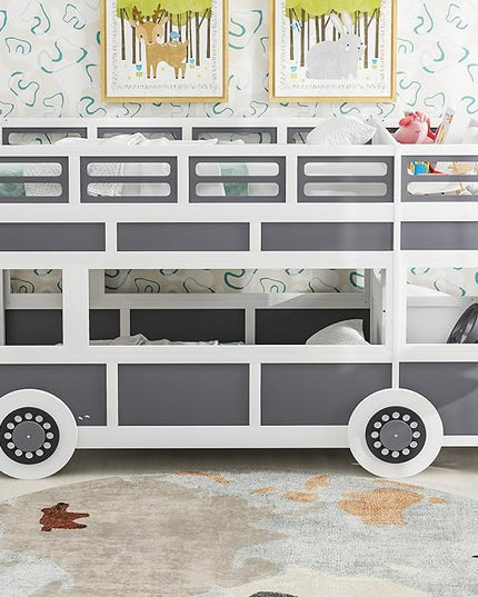 Twin over Twin Bus-shaped Bunk Bed with Wheels,Kids Car-Shaped Bedframe W/Storage,Space Saving,No Box Spring Needed,Wood Toy Bedroom Furniture for Boys Toddlers Teens Child,Gray+White - LeafyLoom