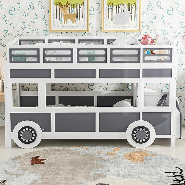 Twin over Twin Bus-shaped Bunk Bed with Wheels,Kids Car-Shaped Bedframe W/Storage,Space Saving,No Box Spring Needed,Wood Toy Bedroom Furniture for Boys Toddlers Teens Child,Gray+White - LeafyLoom