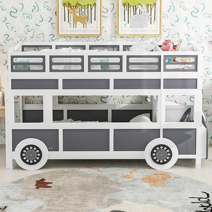 Twin over Twin Bus-shaped Bunk Bed with Wheels,Kids Car-Shaped Bedframe W/Storage,Space Saving,No Box Spring Needed,Wood Toy Bedroom Furniture for Boys Toddlers Teens Child,Gray+White - LeafyLoom