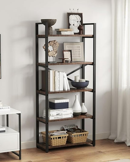 5 Tier Bookshelf Rustic Industrial Style, Storage Shelves, Metal Book Shelves Bookcase Book Shelf Display Shelf for Home Office, Living Room, Bedroom, Kitchen (23.6" W, Brown) - LeafyLoom