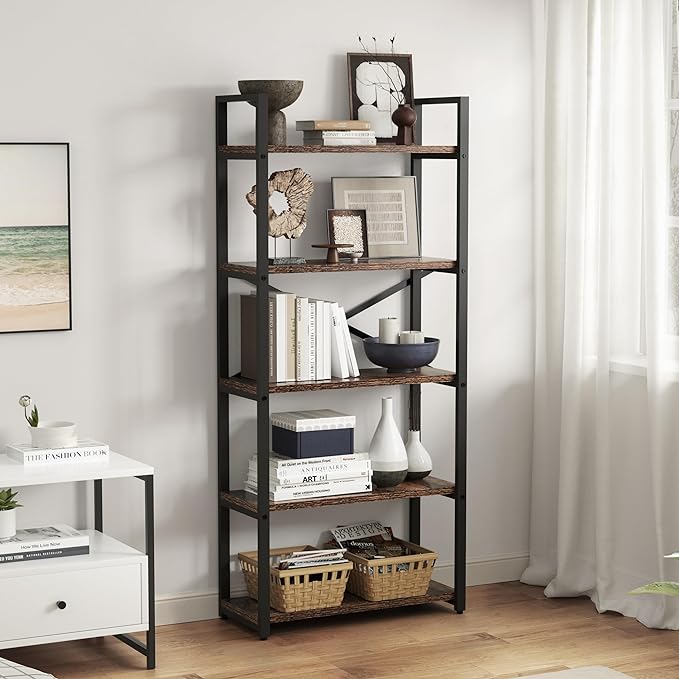 5 Tier Bookshelf Rustic Industrial Style, Storage Shelves, Metal Book Shelves Bookcase Book Shelf Display Shelf for Home Office, Living Room, Bedroom, Kitchen (23.6" W, Brown) - LeafyLoom