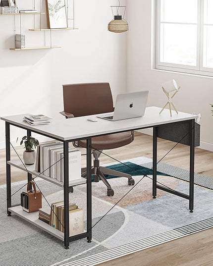 CubiCubi L Shaped Desk, 55 Inch Computer Desk with Reversible Storage Shelves Home Office Corner Desk Study Writing Table, White Top/Black Leg - LeafyLoom
