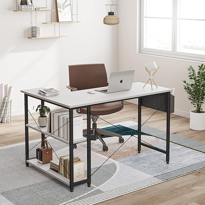 CubiCubi L Shaped Desk, 55 Inch Computer Desk with Reversible Storage Shelves Home Office Corner Desk Study Writing Table, White Top/Black Leg - LeafyLoom