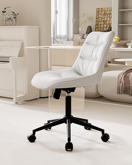 Kidol & Shellder Armless Office Chair Desk Chair Comfy Makeup Vanity Chair with Back Ergonomic Swivel Chair Home Office Desk Chairs with Wheels Rolling Computer Chair Bedroom Accent Chair(White) - LeafyLoom