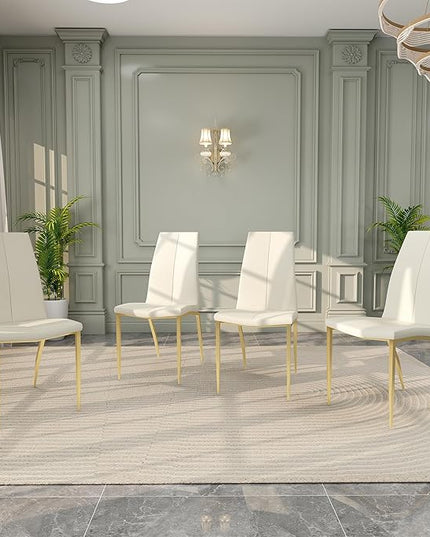 Modern Faux Leather Dining Chairs Set of 4, Padded Seat Dining Side Chairs, Upholstered Chair with Metal Legs for Kitchen, Living Room, Dining Room, White Chairs+Gold Legs - LeafyLoom