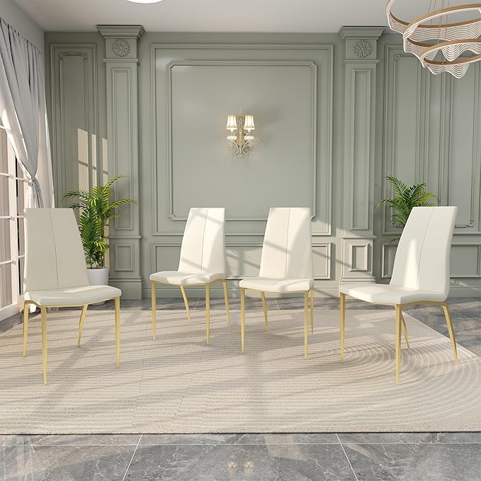 Modern Faux Leather Dining Chairs Set of 4, Padded Seat Dining Side Chairs, Upholstered Chair with Metal Legs for Kitchen, Living Room, Dining Room, White Chairs+Gold Legs - LeafyLoom