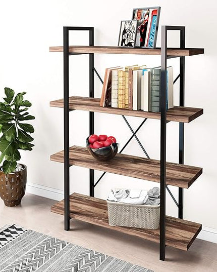 45MinST 4-Tier Vintage Industrial Style Bookcase/Metal and Wood Bookshelf Furniture for Collection,Vintage Brown, 3/4/5 Tier (4-Tier) - LeafyLoom
