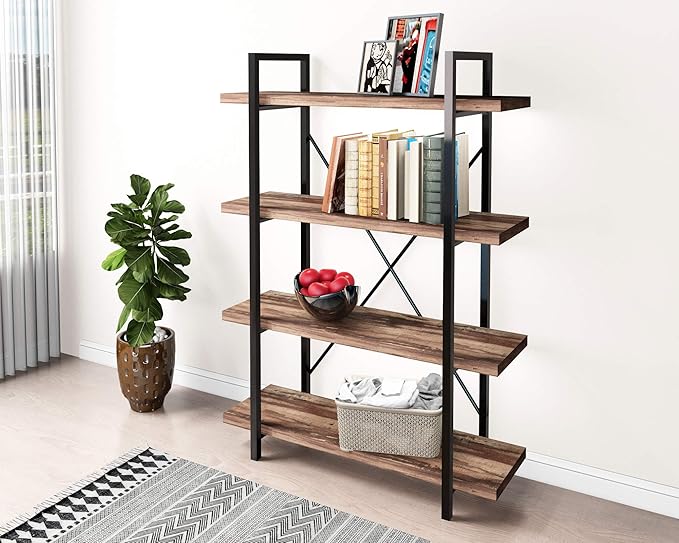 45MinST 4-Tier Vintage Industrial Style Bookcase/Metal and Wood Bookshelf Furniture for Collection,Vintage Brown, 3/4/5 Tier (4-Tier) - LeafyLoom