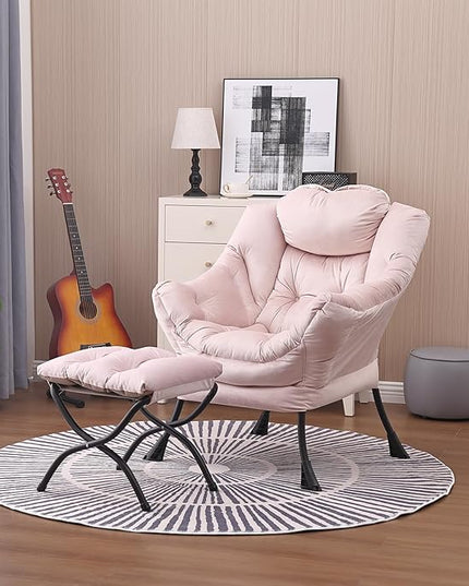 Lazy Chair and Ottoman, Large Accent Lounge Chair with Armrests and a Side Pocket, Modern Leisure Upholstered Sofa Reading Armchair with Footrest for Bedroom, Living Room, Dorm Rooms, Office - LeafyLoom