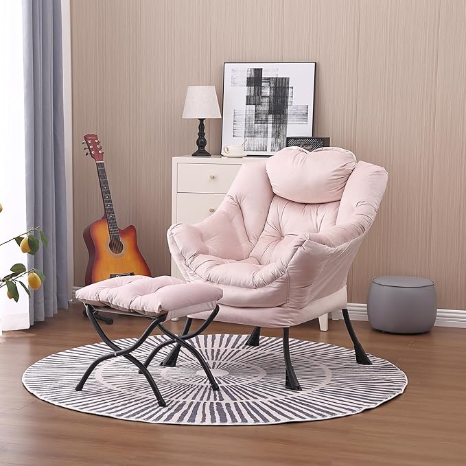 Lazy Chair and Ottoman, Large Accent Lounge Chair with Armrests and a Side Pocket, Modern Leisure Upholstered Sofa Reading Armchair with Footrest for Bedroom, Living Room, Dorm Rooms, Office - LeafyLoom