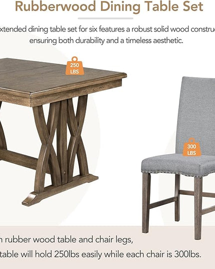 60 Inch Dining Table Set for 6, Mid-Century Solid Wood Extendable Dining Table with Upholstered Chairs and 12" Leaf, Kitchen Table Set for Living Room, Golden Brown+Grey - LeafyLoom