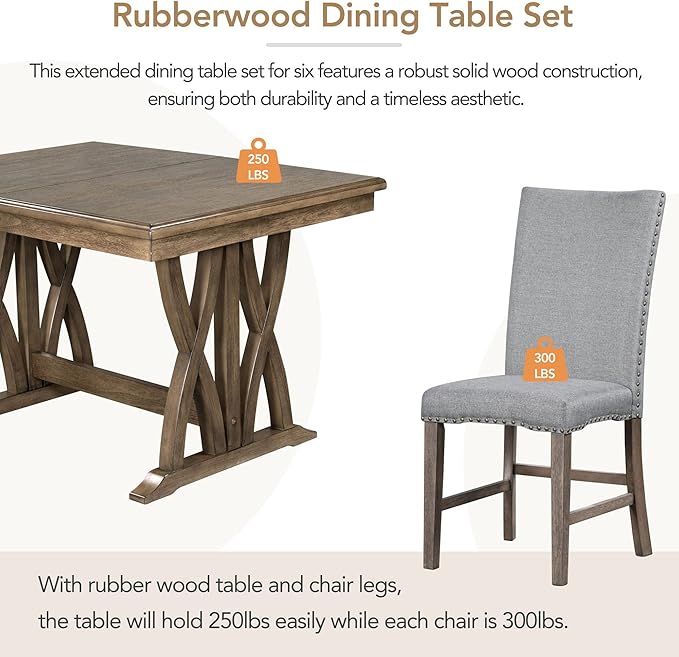 60 Inch Dining Table Set for 6, Mid-Century Solid Wood Extendable Dining Table with Upholstered Chairs and 12" Leaf, Kitchen Table Set for Living Room, Golden Brown+Grey - LeafyLoom