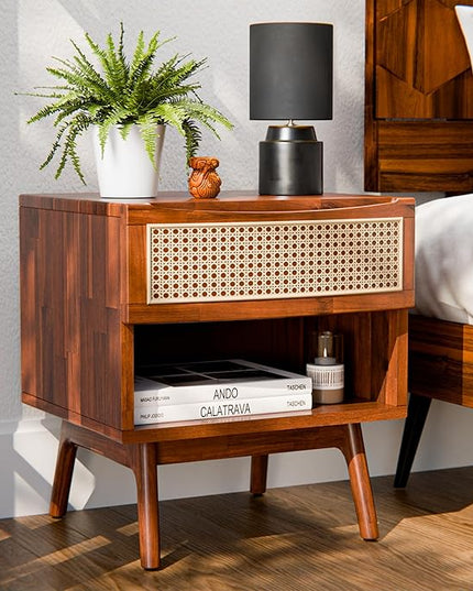 Bme Nightstand Nancy Solid Wood Elegant Curved Shape, Dark Chocolate - LeafyLoom