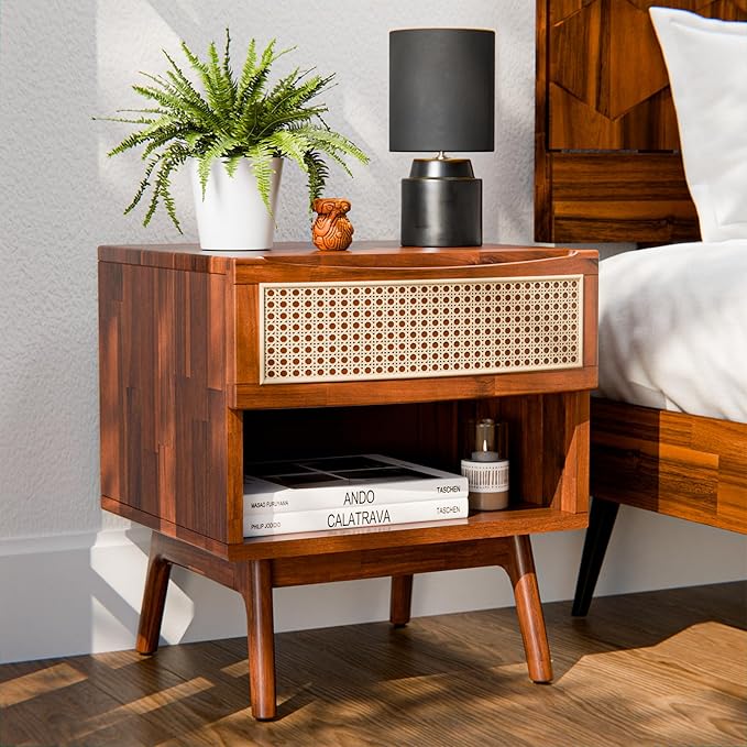 Bme Nightstand Nancy Solid Wood Elegant Curved Shape, Dark Chocolate - LeafyLoom