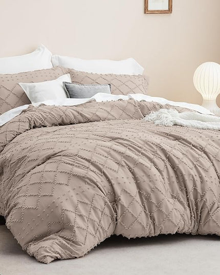 Bedsure Full Size Comforter Set - Taupe Comforter, Boho Tufted Shabby Chic Bedding Comforter Set, 3 Pieces Vintage Farmhouse Bed Set for All Seasons, Fluffy Soft Bedding Set with 2 Pillow Shams - LeafyLoom