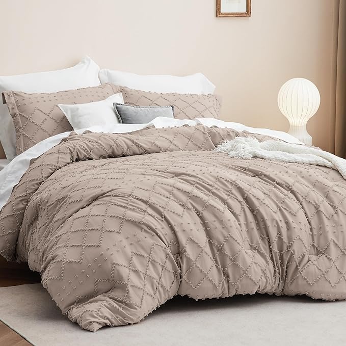 Bedsure Full Size Comforter Set - Taupe Comforter, Boho Tufted Shabby Chic Bedding Comforter Set, 3 Pieces Vintage Farmhouse Bed Set for All Seasons, Fluffy Soft Bedding Set with 2 Pillow Shams - LeafyLoom