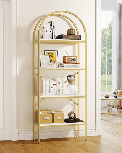 YITAHOME Gold Bookshelf and Bookcase, 71.3” Tall Modern Open Arched Book Shelf, 4-Tier Freestanding Storage Display Rack Shelves for Bedroom,Living Room,Office,Kitchen, White&Gold - LeafyLoom