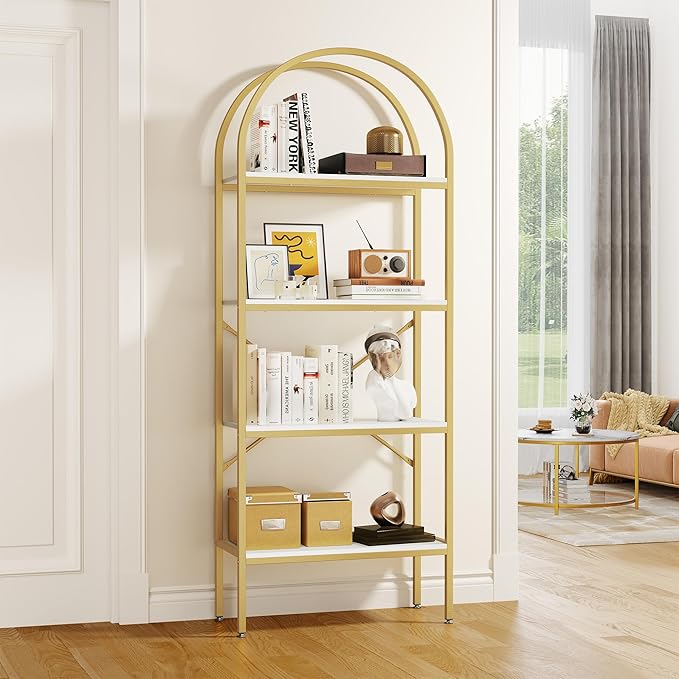 YITAHOME Gold Bookshelf and Bookcase, 71.3” Tall Modern Open Arched Book Shelf, 4-Tier Freestanding Storage Display Rack Shelves for Bedroom,Living Room,Office,Kitchen, White&Gold - LeafyLoom