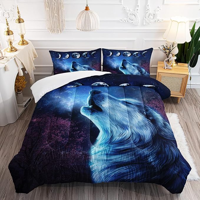 Wolf Comforter Set Galaxy Night Moon Bedding Set 3Pcs Howling Wolf Down Lunar Eclipse Bed Set for Kids Teens Room Decor Wild Animals Comforter with 2 Pillowcases - LeafyLoom