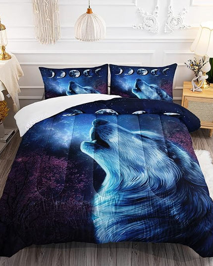 Wolf Comforter Set Galaxy Night Moon Bedding Set 3Pcs Howling Wolf Down Lunar Eclipse Bed Set for Kids Teens Room Decor Wild Animals Comforter with 2 Pillowcases - LeafyLoom