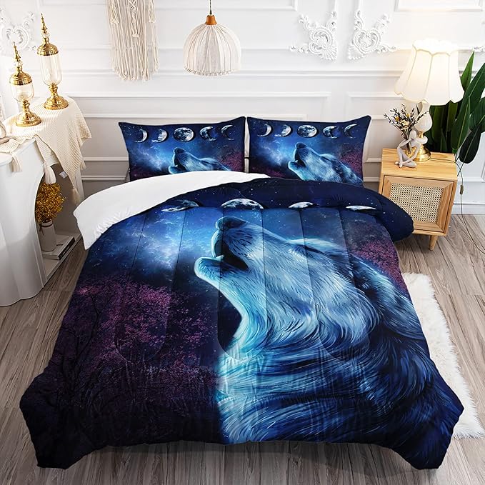 Wolf Comforter Set Galaxy Night Moon Bedding Set 3Pcs Howling Wolf Down Lunar Eclipse Bed Set for Kids Teens Room Decor Wild Animals Comforter with 2 Pillowcases - LeafyLoom