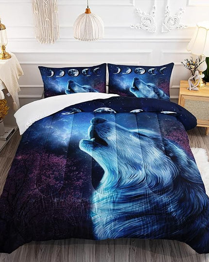 Wolf Comforter Set Galaxy Night Moon Bedding Set 3Pcs Howling Wolf Down Lunar Eclipse Bed Set for Kids Teens Room Decor Wild Animals Comforter with 2 Pillowcases - LeafyLoom