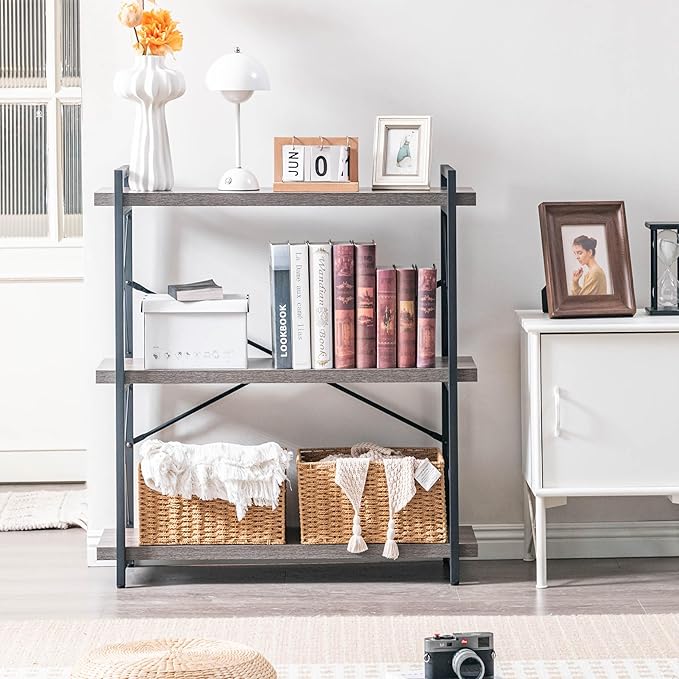 HCHQHS Bookshelf, 3-Tier Industrial Bookcase, Rustic Open Book Shelf, Freestanding Horizontal Bookshelves with Metal Frame - LeafyLoom