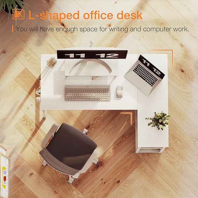ODK 40 Inch Small L Shaped Computer Desk with Reversible Storage Shelves, L-shaped Corner Desk with Monitor Stand for Small Space, Modern Simple Writing Table for Home Office Workstation, White - LeafyLoom