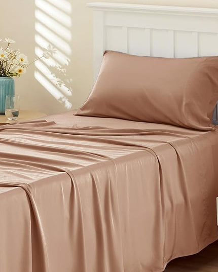 Bedsure Twin XL Sheet Set Dorm Bedding, Cooling Sheets Twin Extra Long Sheets, Rayon Derived from Bamboo, Deep Pocket Up to 16", Hotel Luxury Silky Bedding Sheets & Pillowcases, Taupe - LeafyLoom