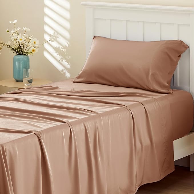 Bedsure Twin XL Sheet Set Dorm Bedding, Cooling Sheets Twin Extra Long Sheets, Rayon Derived from Bamboo, Deep Pocket Up to 16", Hotel Luxury Silky Bedding Sheets & Pillowcases, Taupe - LeafyLoom