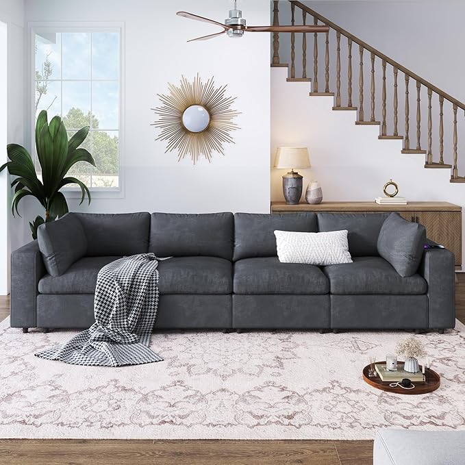 Free Combination Convertible Modular Sectional Sofa, 4 Seater Upholstered Sleeper Corner Couch with USB Ports & Wireless Charging & Speaker,Deep-Seat Sofabed for Living Room Office, Gray 105.9" - LeafyLoom