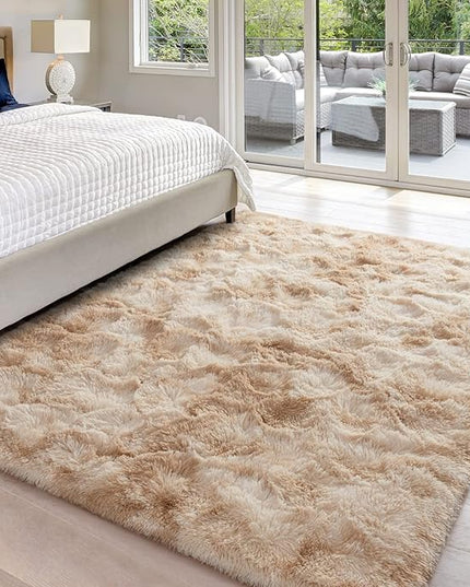 6x9 Large Area Rugs for Living Room, Super Soft Fluffy Modern Bedroom Rug, Tie-Dyed Beige Indoor Shag Fuzzy Carpets for Girls Kids Nursery Room Home Decor - LeafyLoom
