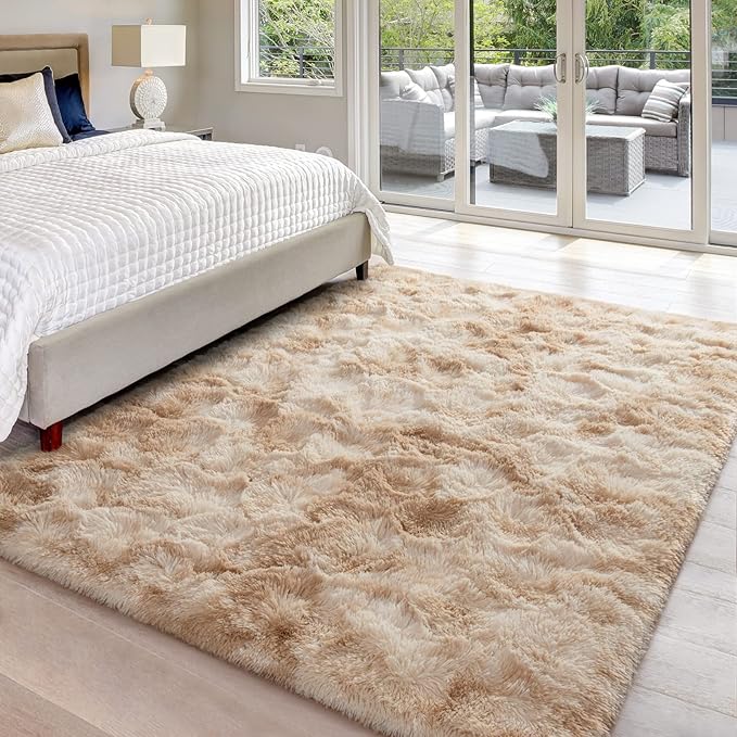 6x9 Large Area Rugs for Living Room, Super Soft Fluffy Modern Bedroom Rug, Tie-Dyed Beige Indoor Shag Fuzzy Carpets for Girls Kids Nursery Room Home Decor - LeafyLoom