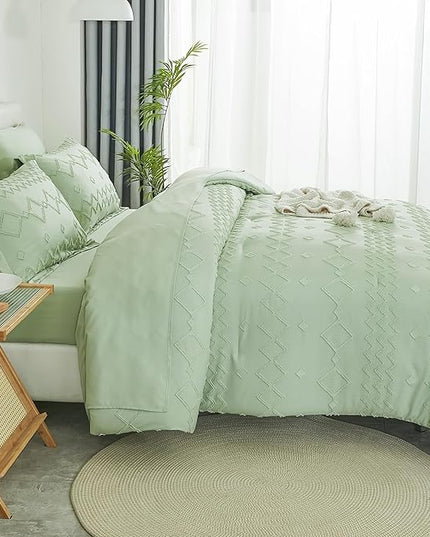 EMME Queen Comforter Set - 7 Pcs Sage Green Boho Bedding Sets, Full Size Tufted Comforter with Sheets, Shabby Chic Embroidery Queen Bed Set Fluffy Bed Bag for All Season(90"X90") - LeafyLoom