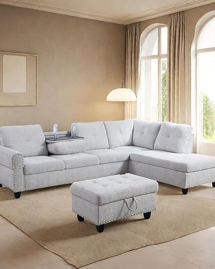 L Shaped Sofa with Ottoman Modern Sectional Living Room, Bedroom, Office, L Couch Grey White - LeafyLoom