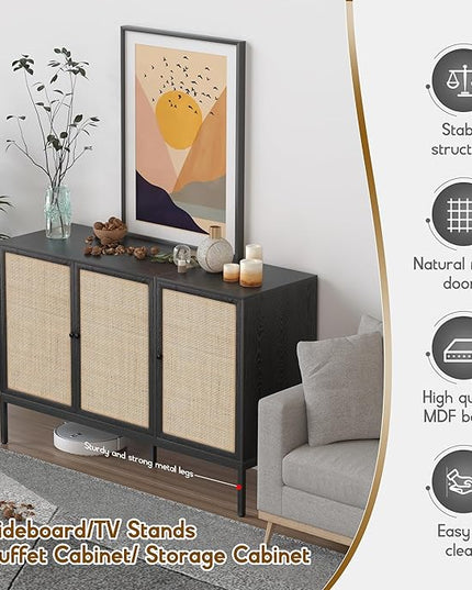 Sideboard Buffet Cabinet with Handmade Natural Decorated Doors, Accent Rattan Cabinet, Table, Metal Legs for Living Room, Hallway, Entryway, Black 3 doors - LeafyLoom