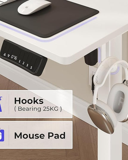 JOISCOPE Height Adjustable Electric Standing Desk with Power Outlets, 55 x 24 Inch Sit Stand Desk for Small Space Home Office, White - LeafyLoom