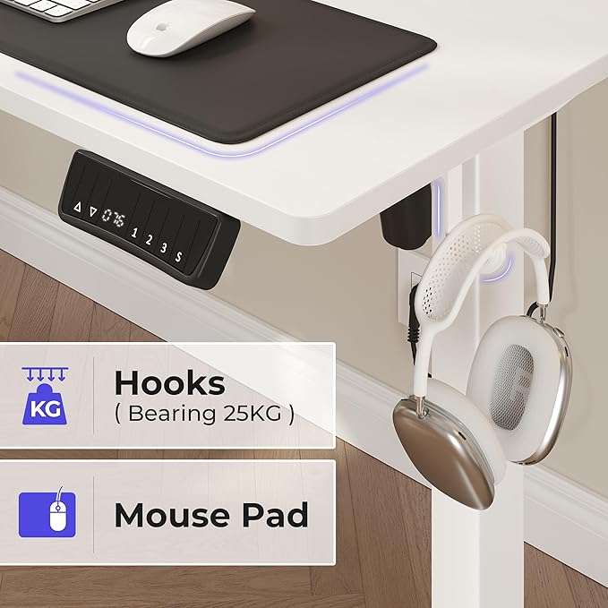 JOISCOPE Height Adjustable Electric Standing Desk with Power Outlets, 55 x 24 Inch Sit Stand Desk for Small Space Home Office, White - LeafyLoom