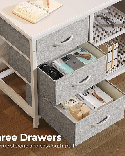 Seventable L Shaped Computer Desk with Drawers, Reversible Gaming Desk with LED Lights & Charging Port, Corner Desk with Storage Shelves & Monitor Stand for Home Office White - LeafyLoom