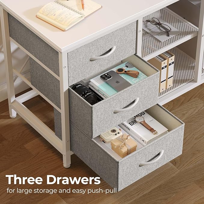Seventable L Shaped Computer Desk with Drawers, Reversible Gaming Desk with LED Lights & Charging Port, Corner Desk with Storage Shelves & Monitor Stand for Home Office White - LeafyLoom