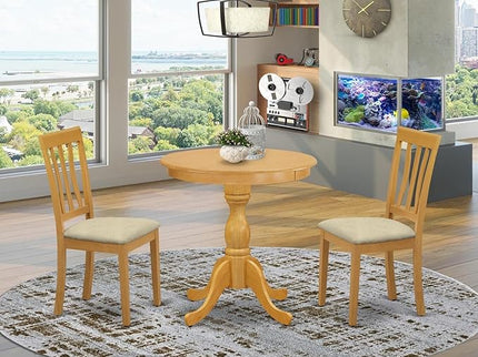 East West Furniture Eden 3 Piece Kitchen Set Contains a Round Dining Room Table with Pedestal and 2 Linen Fabric Upholstered Chairs, 30x30 Inch, ESAN3-OAK-C - LeafyLoom
