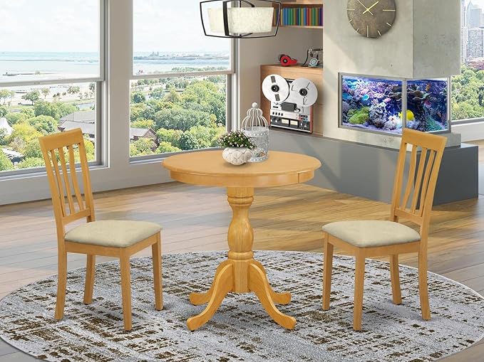 East West Furniture Eden 3 Piece Kitchen Set Contains a Round Dining Room Table with Pedestal and 2 Linen Fabric Upholstered Chairs, 30x30 Inch, ESAN3-OAK-C - LeafyLoom